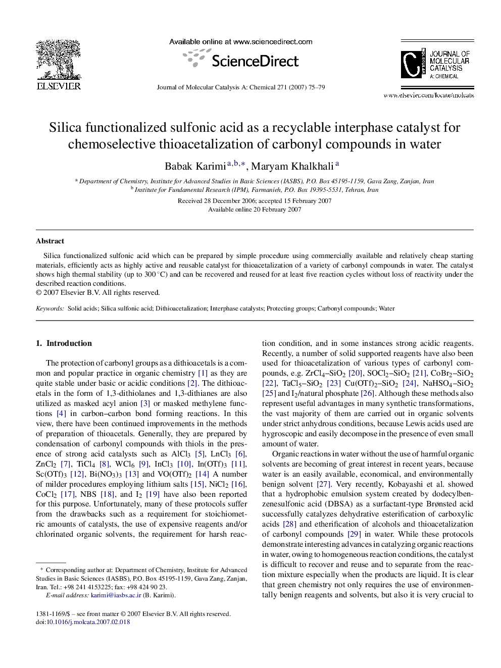 Silica functionalized sulfonic acid as a recyclable interphase catalyst for chemoselective thioacetalization of carbonyl compounds in water