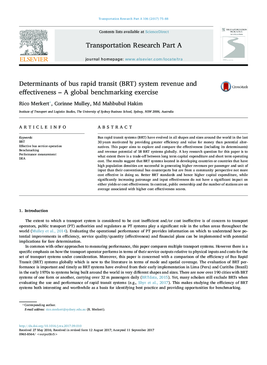 Determinants of bus rapid transit (BRT) system revenue and effectiveness - A global benchmarking exercise