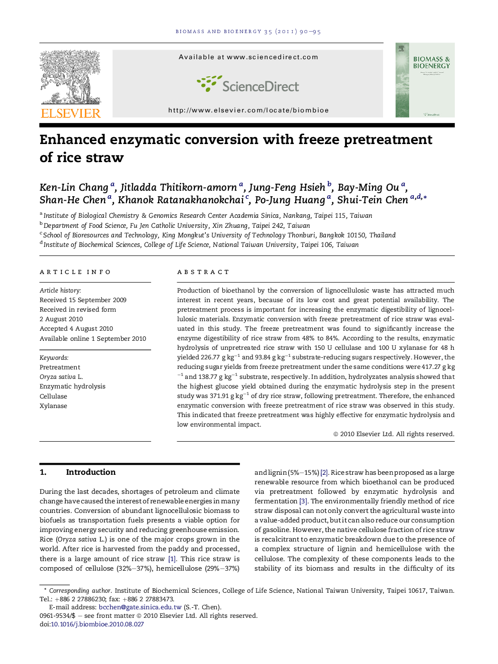 Enhanced enzymatic conversion with freeze pretreatment of rice straw