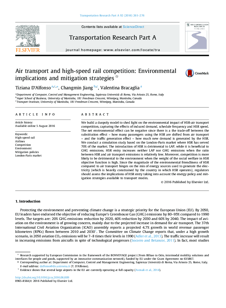 Air transport and high-speed rail competition: Environmental implications and mitigation strategies