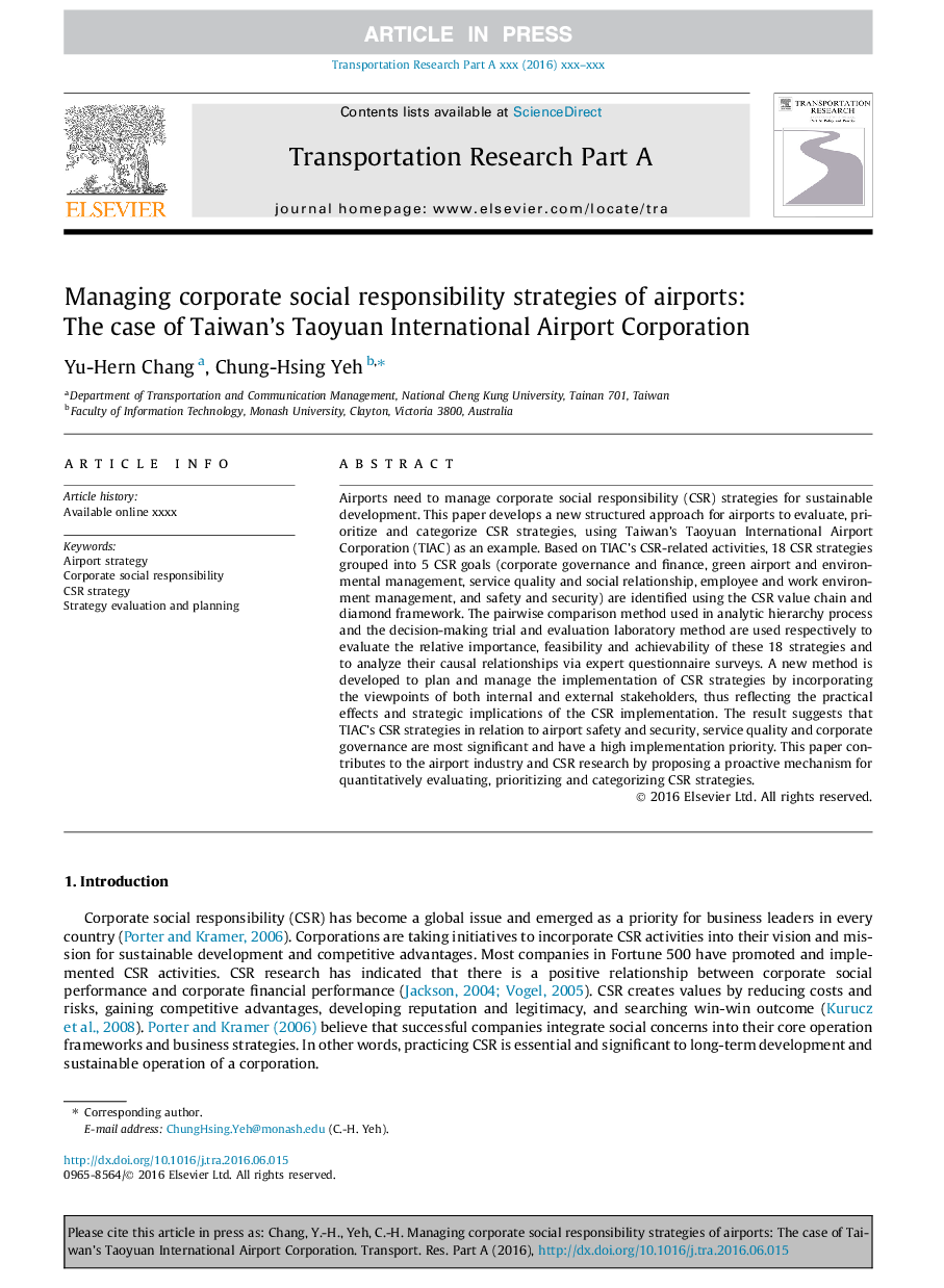 Managing corporate social responsibility strategies of airports: The case of Taiwan's Taoyuan International Airport Corporation