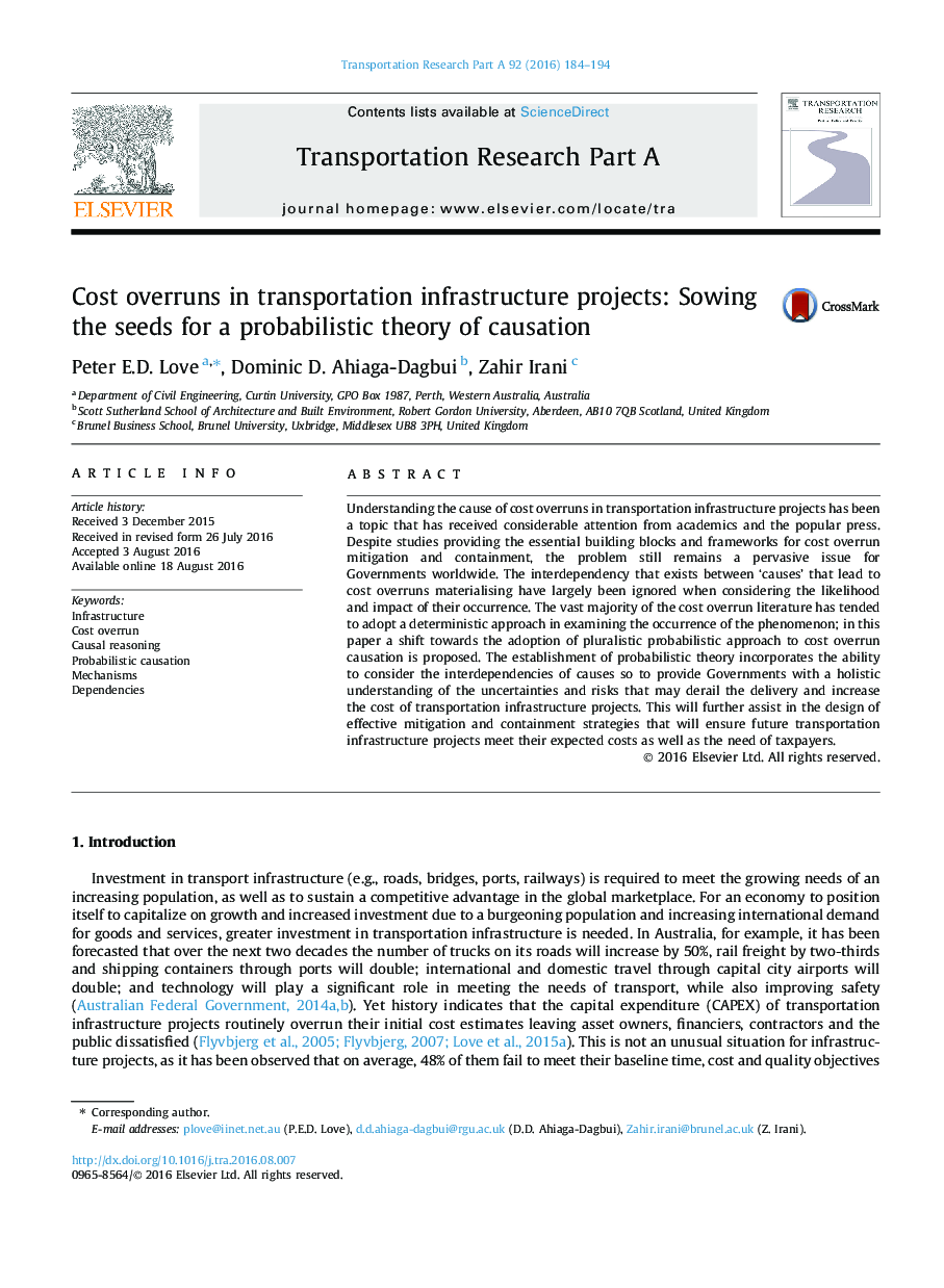 Cost overruns in transportation infrastructure projects: Sowing the seeds for a probabilistic theory of causation