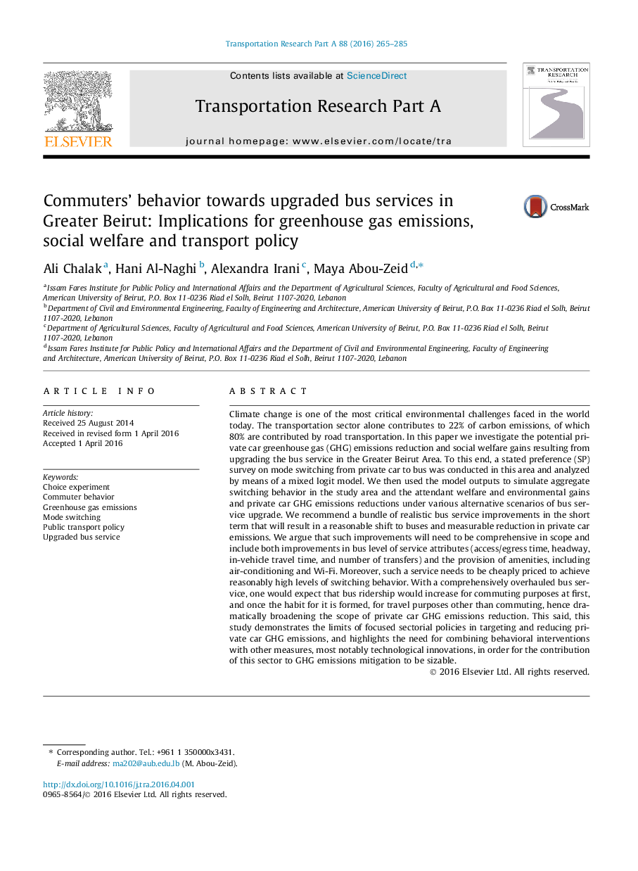 Commuters' behavior towards upgraded bus services in Greater Beirut: Implications for greenhouse gas emissions, social welfare and transport policy