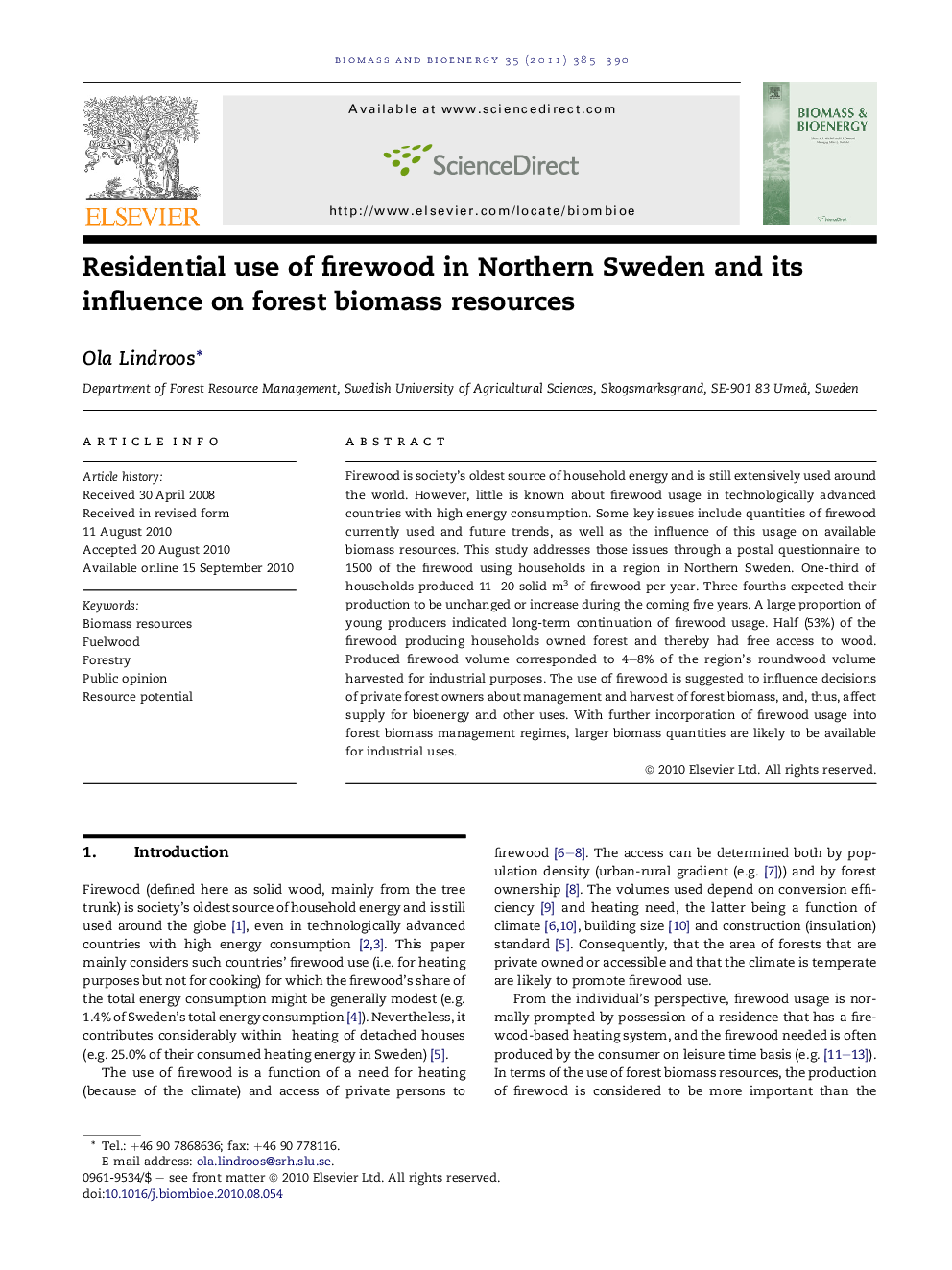 Residential use of firewood in Northern Sweden and its influence on forest biomass resources