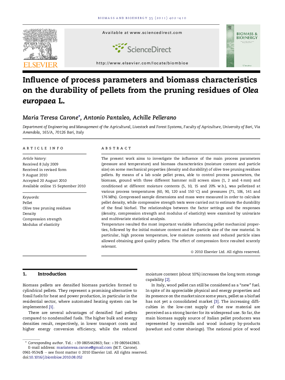 Influence of process parameters and biomass characteristics on the durability of pellets from the pruning residues of Olea europaea L.