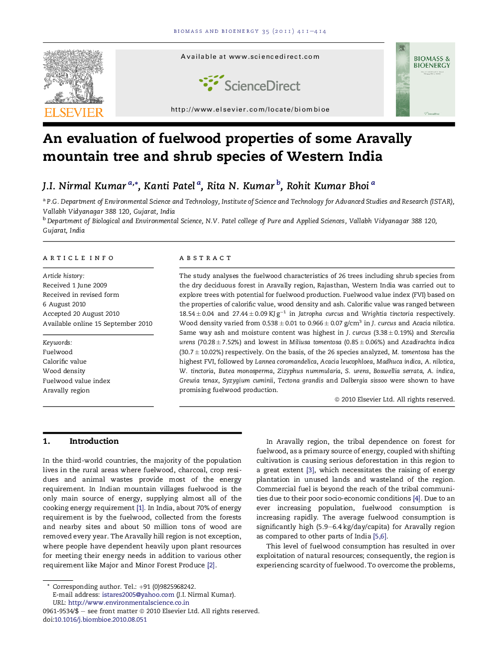 An evaluation of fuelwood properties of some Aravally mountain tree and shrub species of Western India