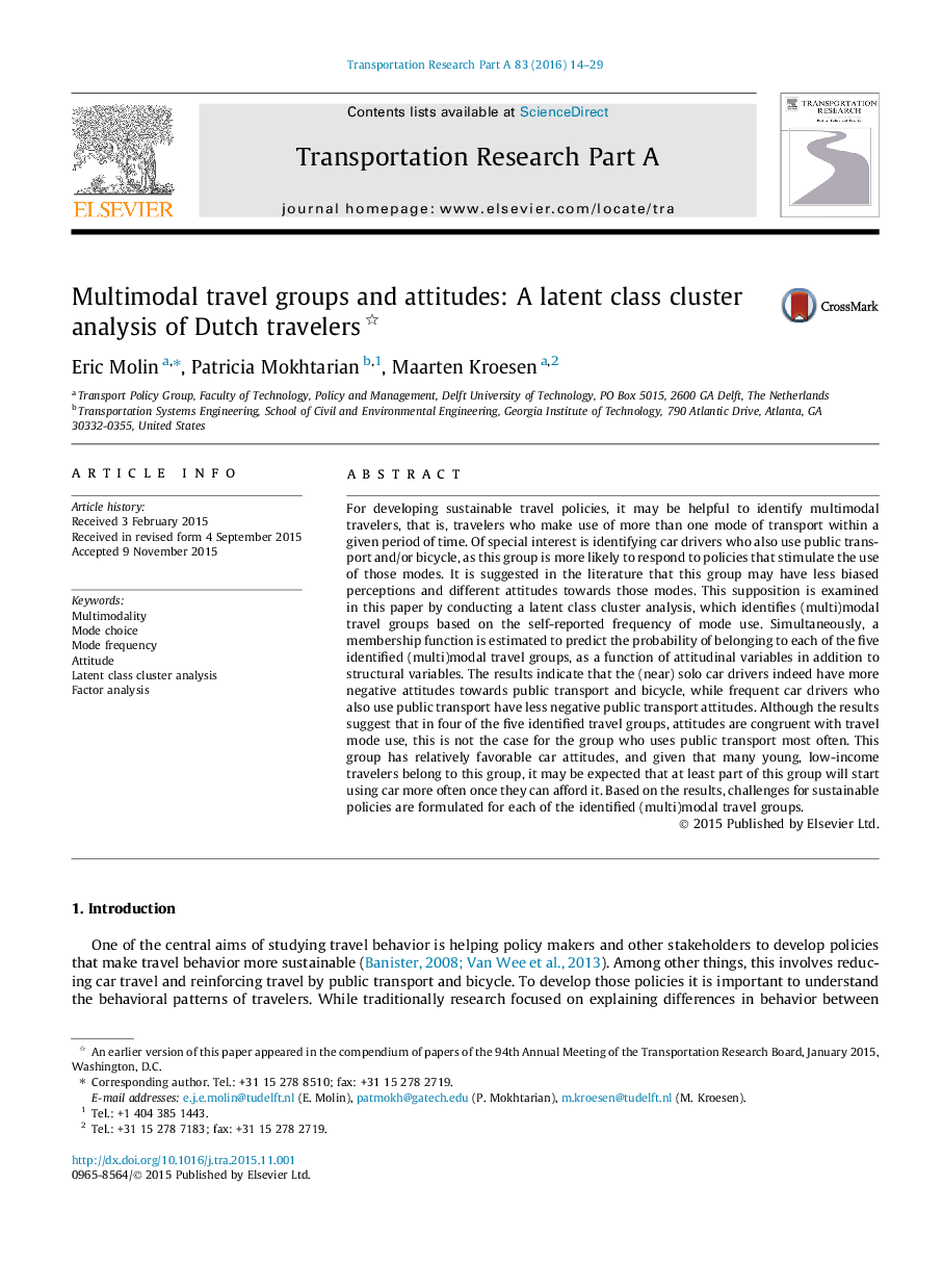 Multimodal travel groups and attitudes: A latent class cluster analysis of Dutch travelers