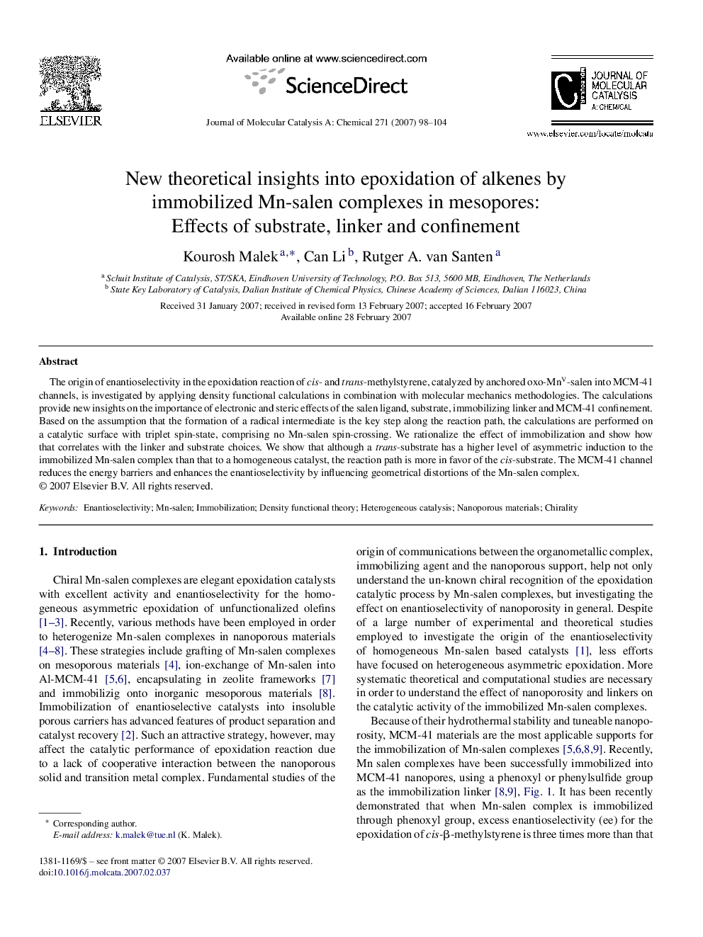 New theoretical insights into epoxidation of alkenes by immobilized Mn-salen complexes in mesopores: Effects of substrate, linker and confinement