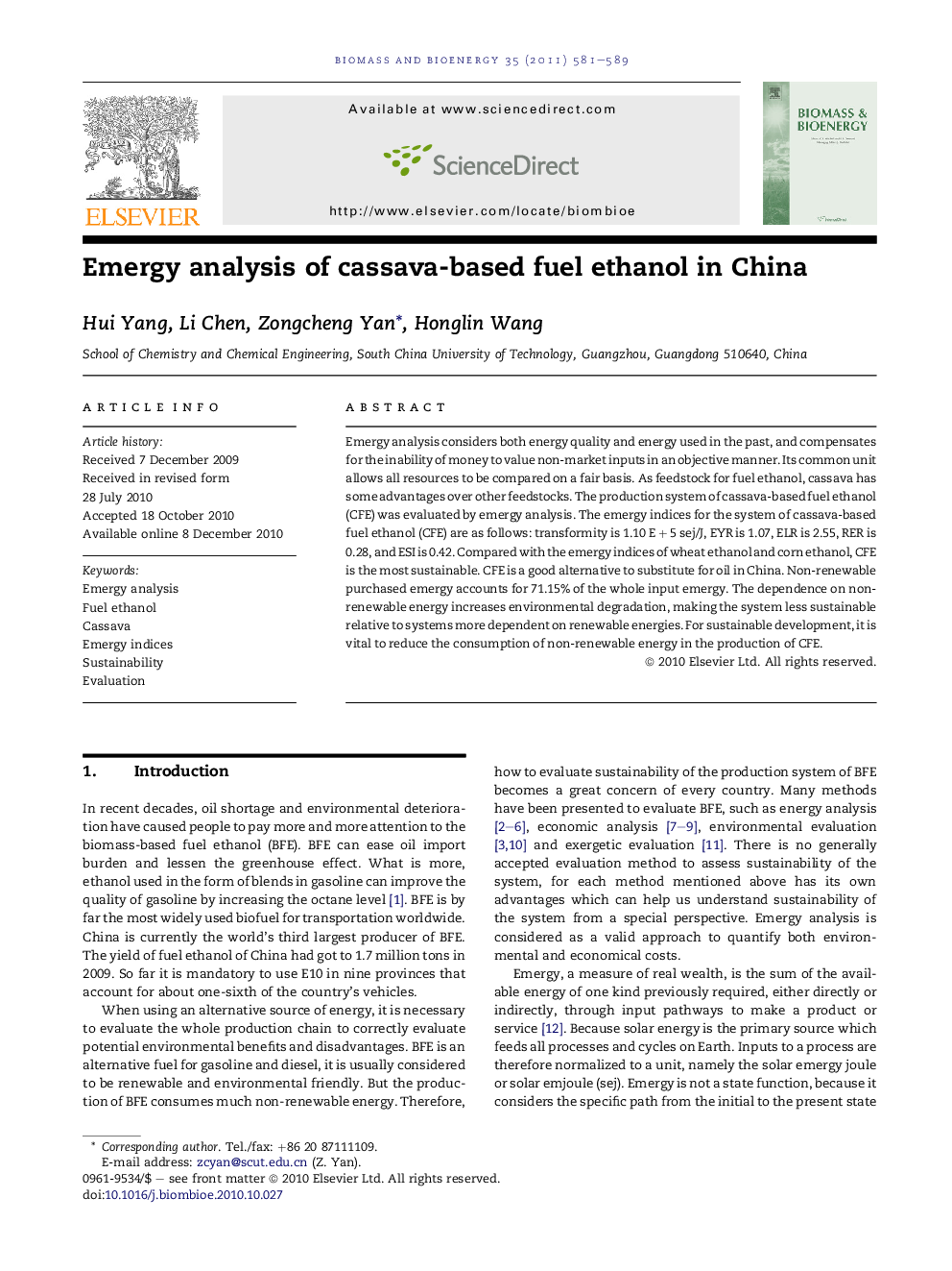 Emergy analysis of cassava-based fuel ethanol in China