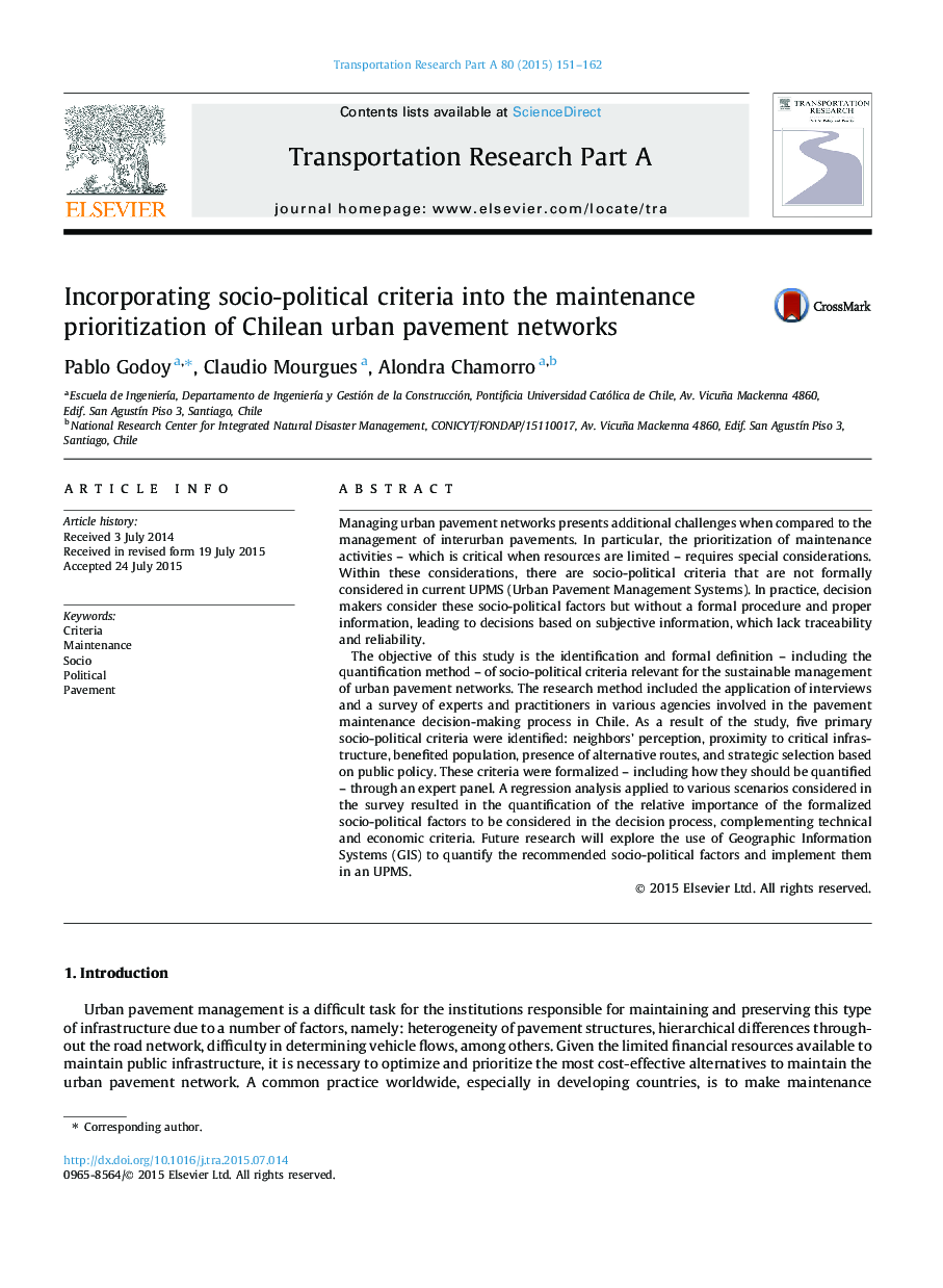 Incorporating socio-political criteria into the maintenance prioritization of Chilean urban pavement networks