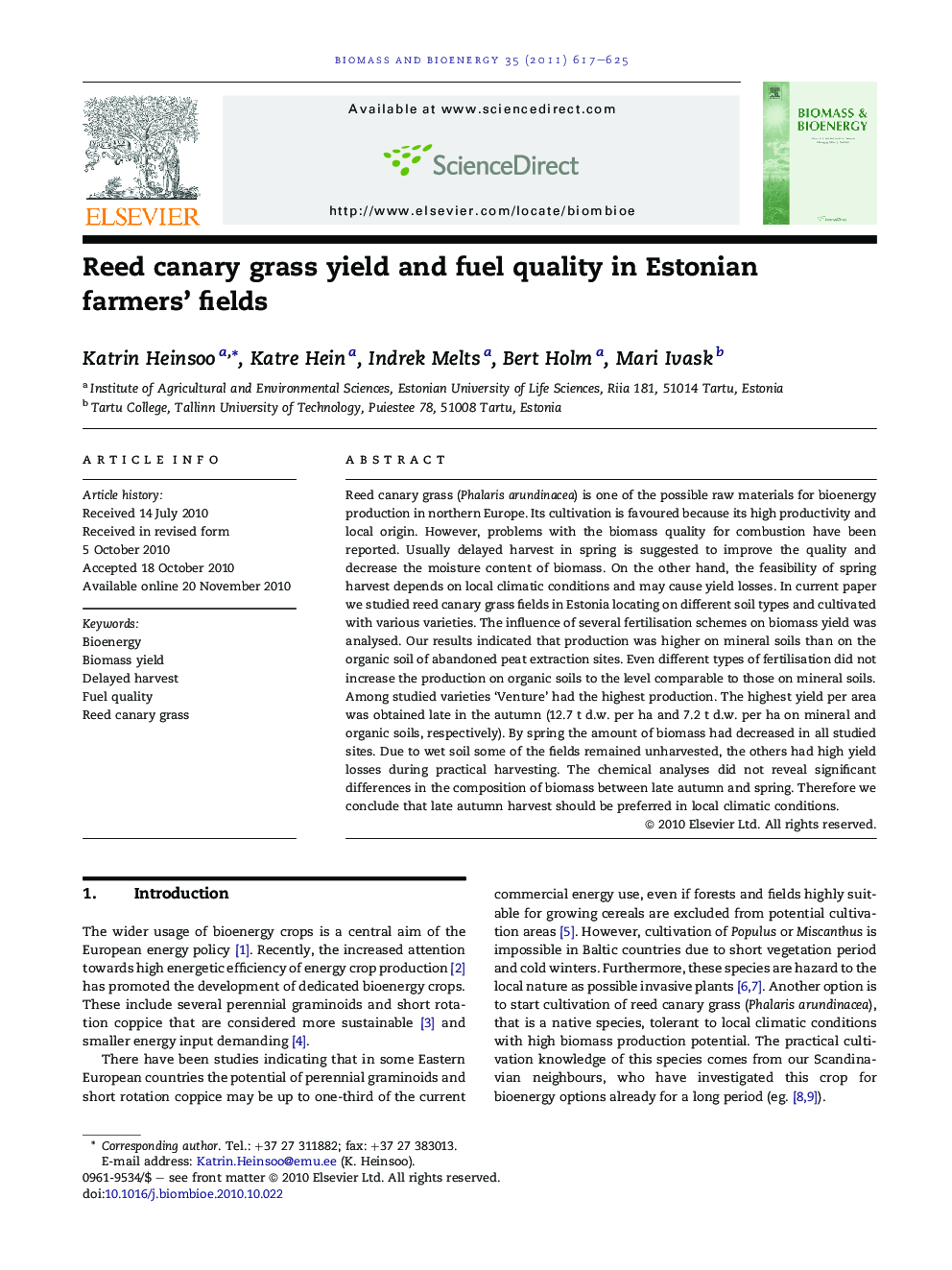 Reed canary grass yield and fuel quality in Estonian farmers’ fields