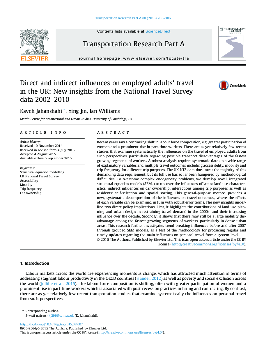 Direct and indirect influences on employed adults' travel in the UK: New insights from the National Travel Survey data 2002-2010