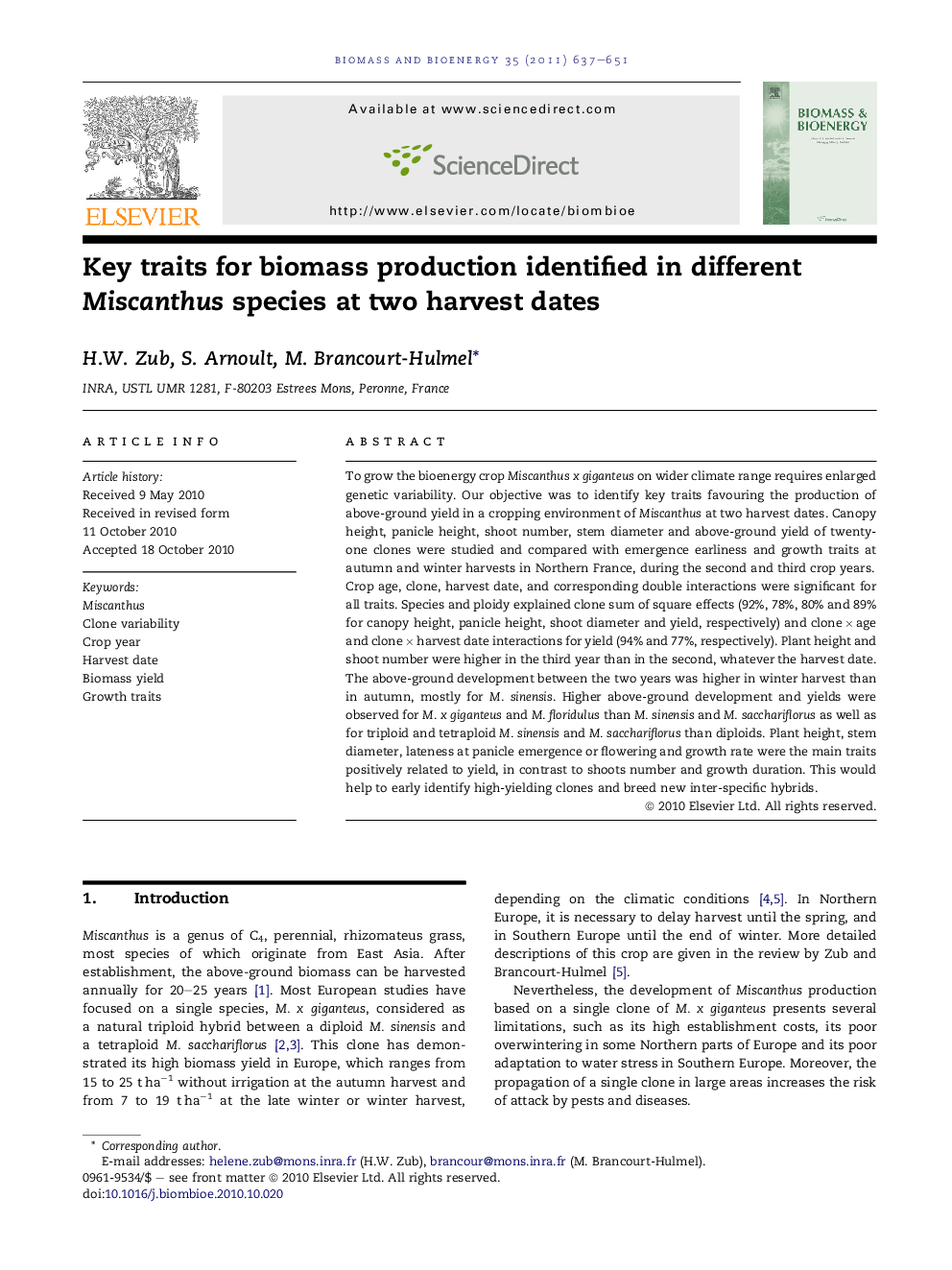 Key traits for biomass production identified in different Miscanthus species at two harvest dates