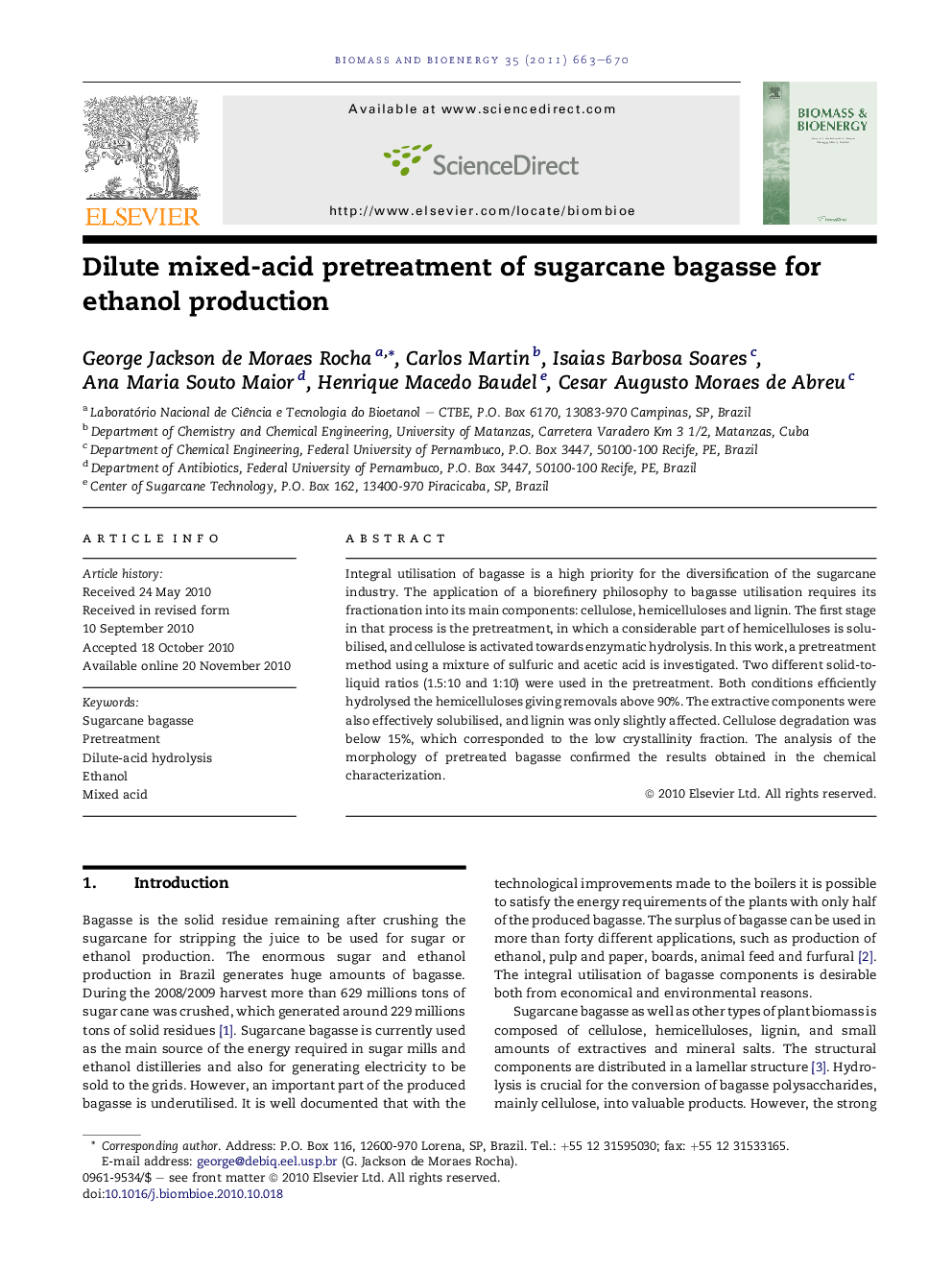 Dilute mixed-acid pretreatment of sugarcane bagasse for ethanol production