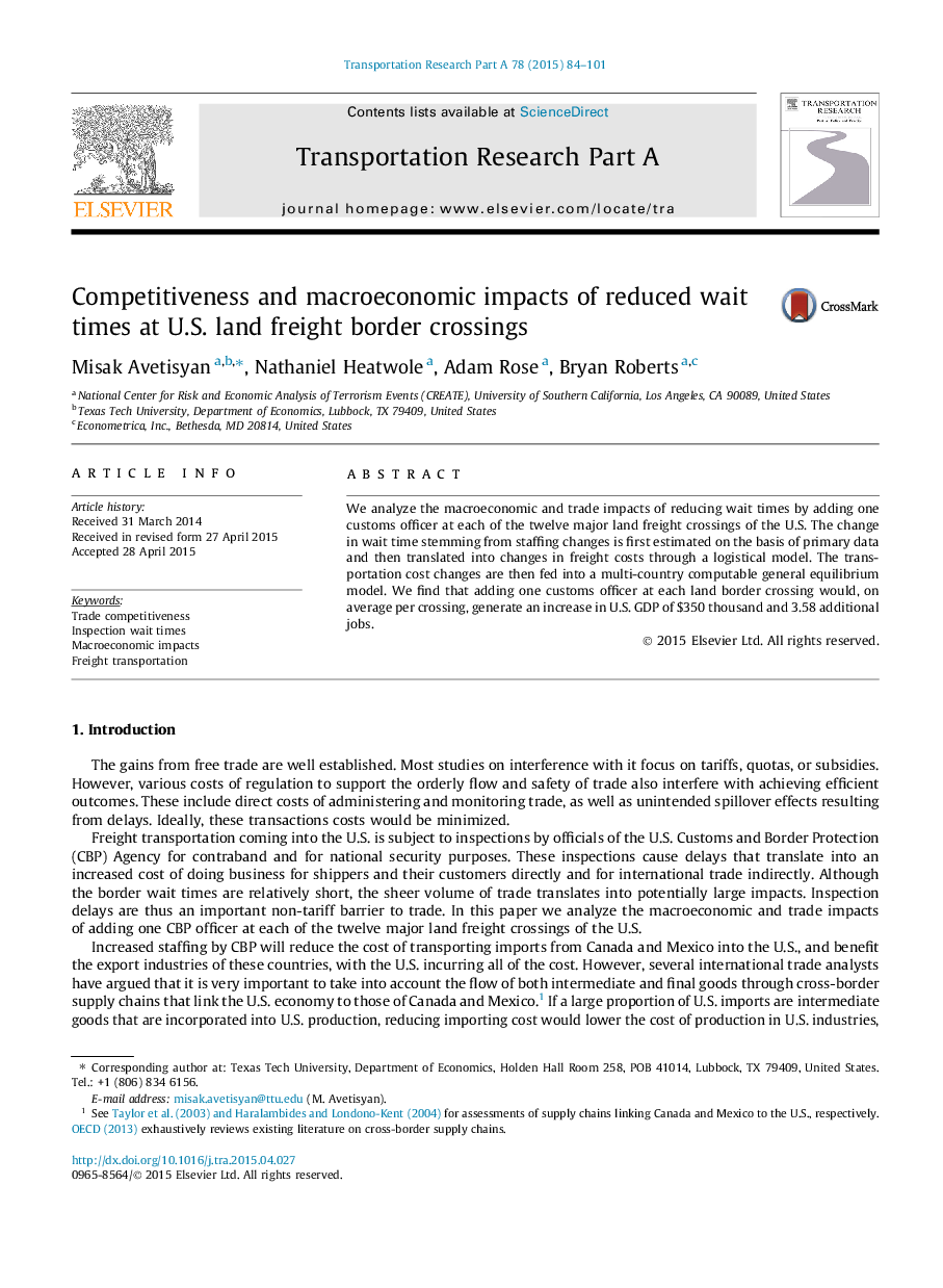 Competitiveness and macroeconomic impacts of reduced wait times at U.S. land freight border crossings