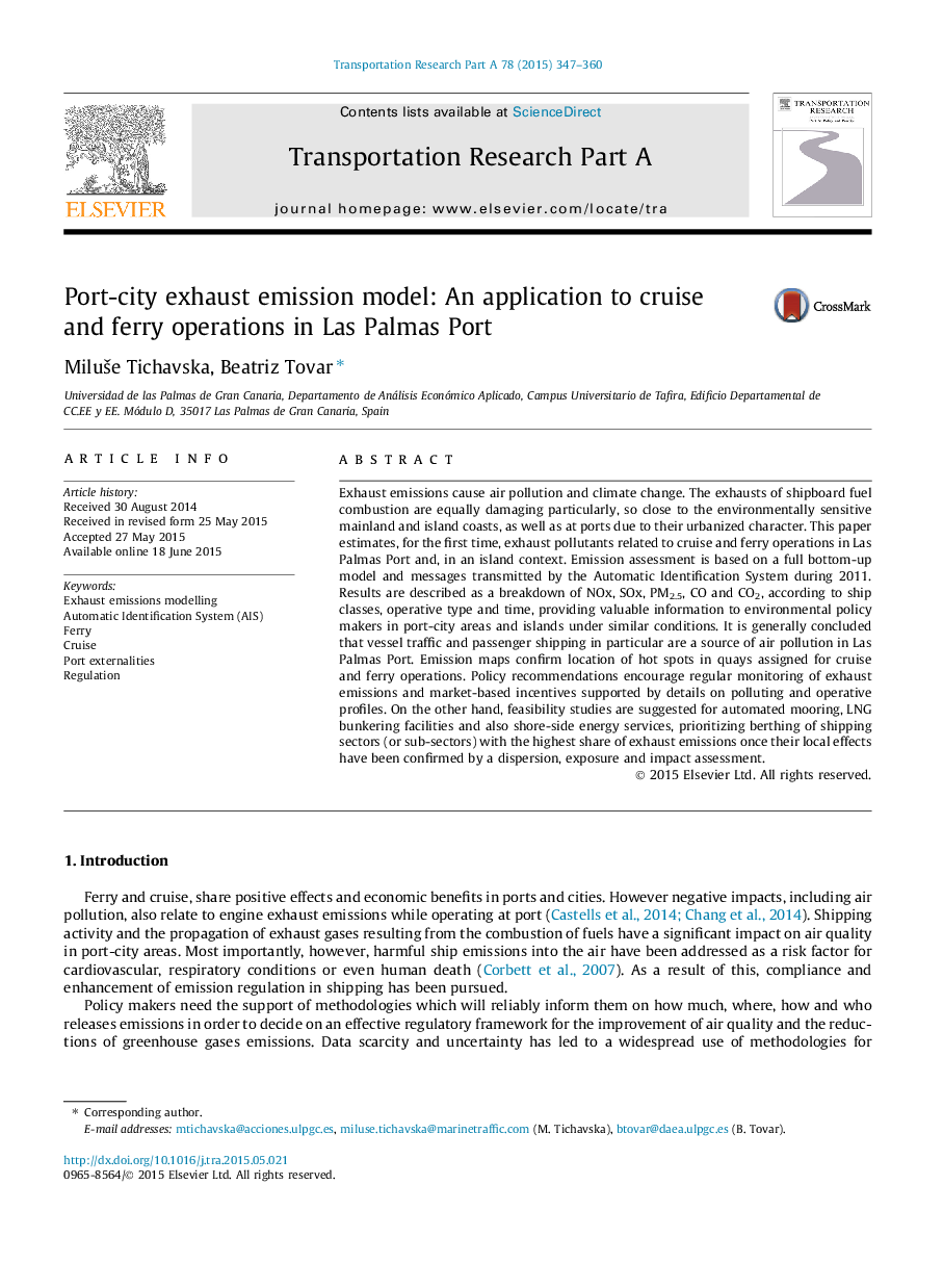 Port-city exhaust emission model: An application to cruise and ferry operations in Las Palmas Port