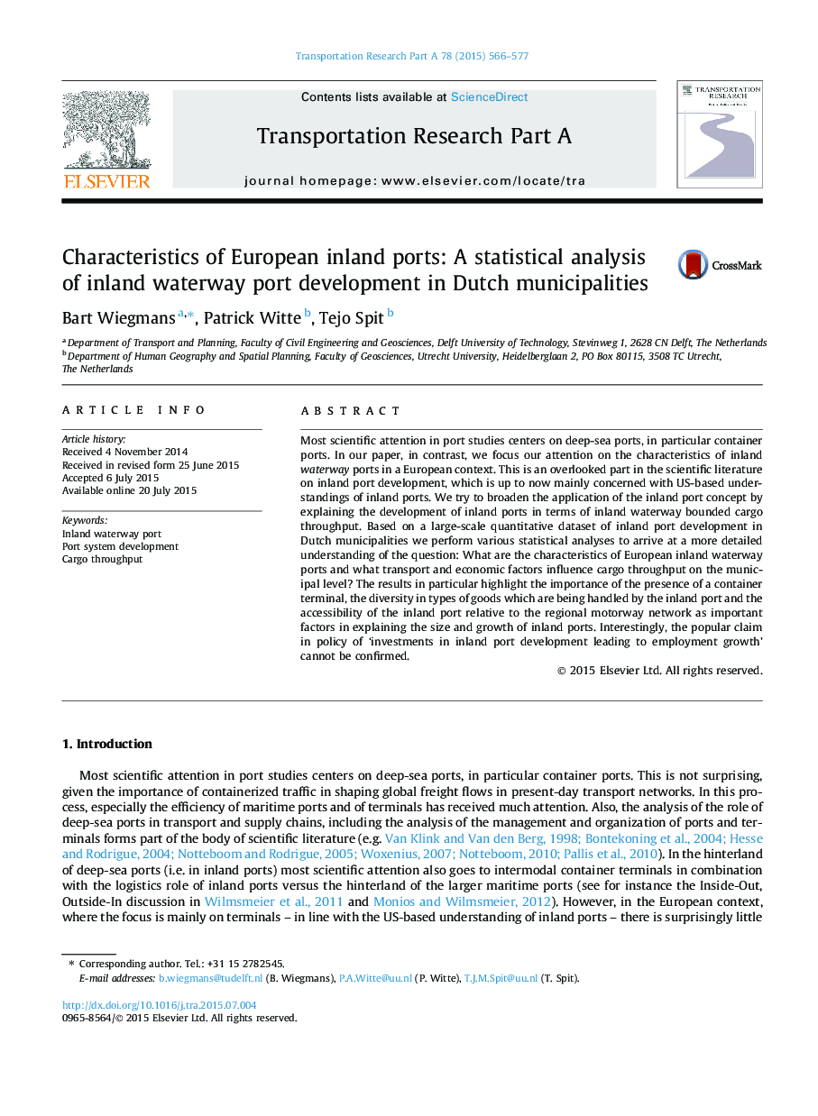 Characteristics of European inland ports: A statistical analysis of inland waterway port development in Dutch municipalities