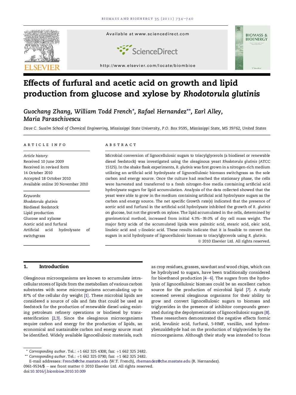 Effects of furfural and acetic acid on growth and lipid production from glucose and xylose by Rhodotorula glutinis