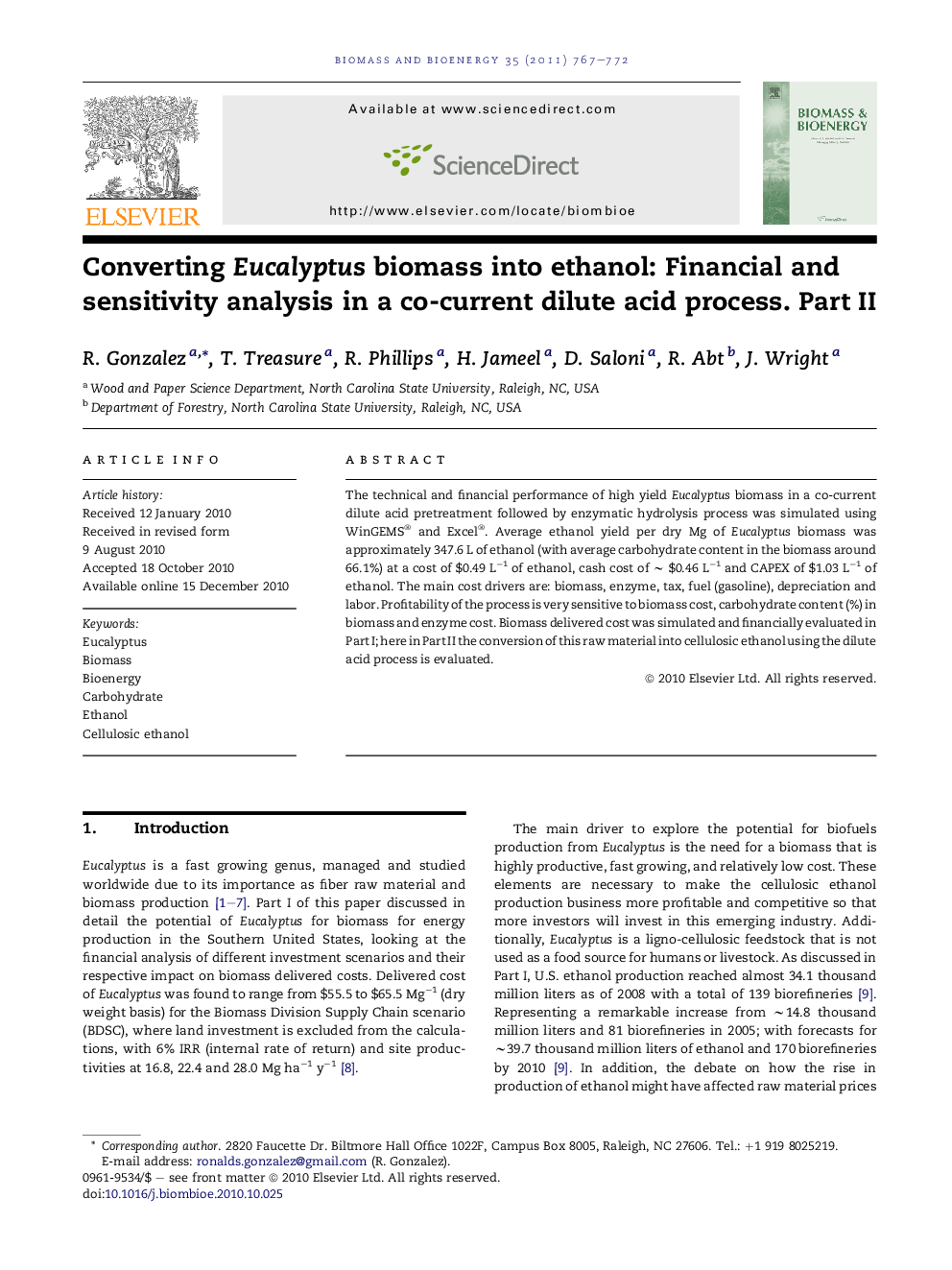 Converting Eucalyptus biomass into ethanol: Financial and sensitivity analysis in a co-current dilute acid process. Part II