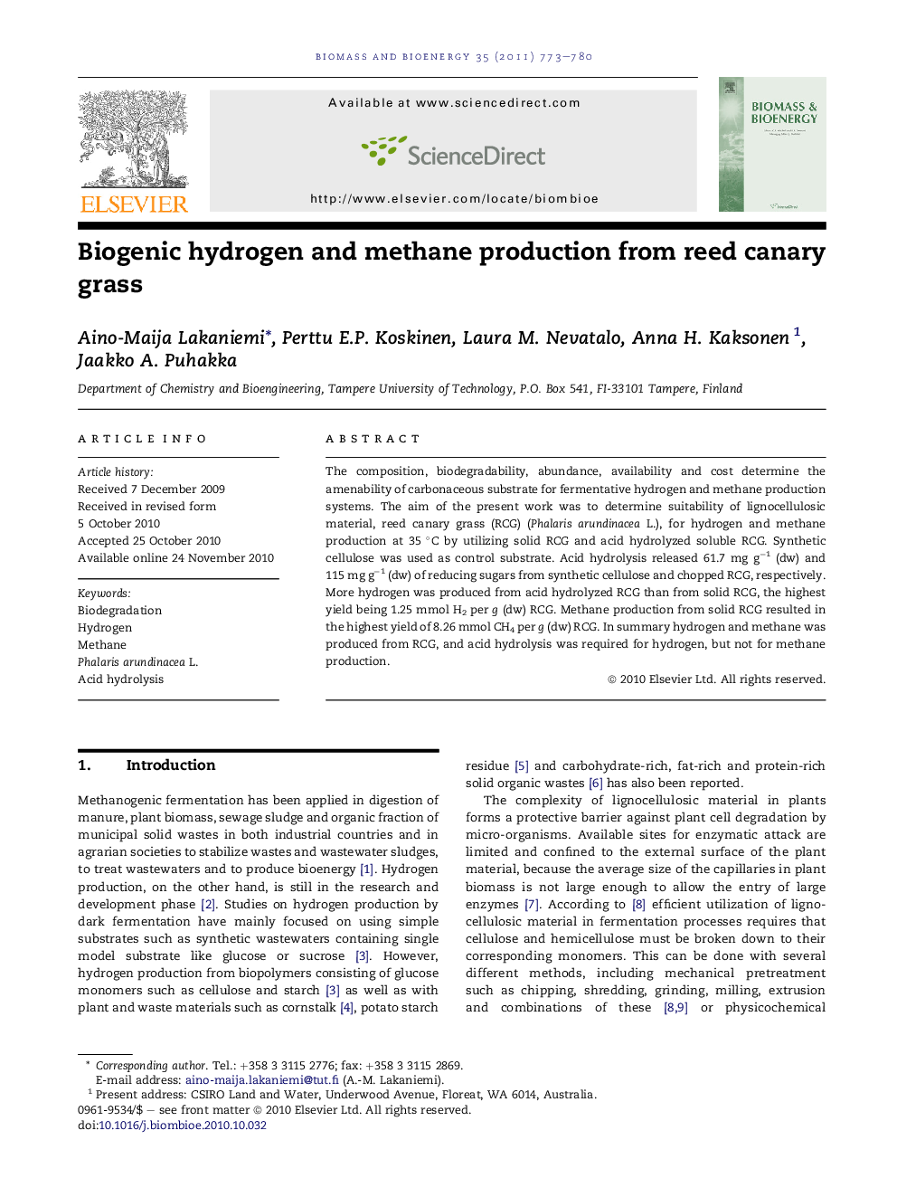 Biogenic hydrogen and methane production from reed canary grass