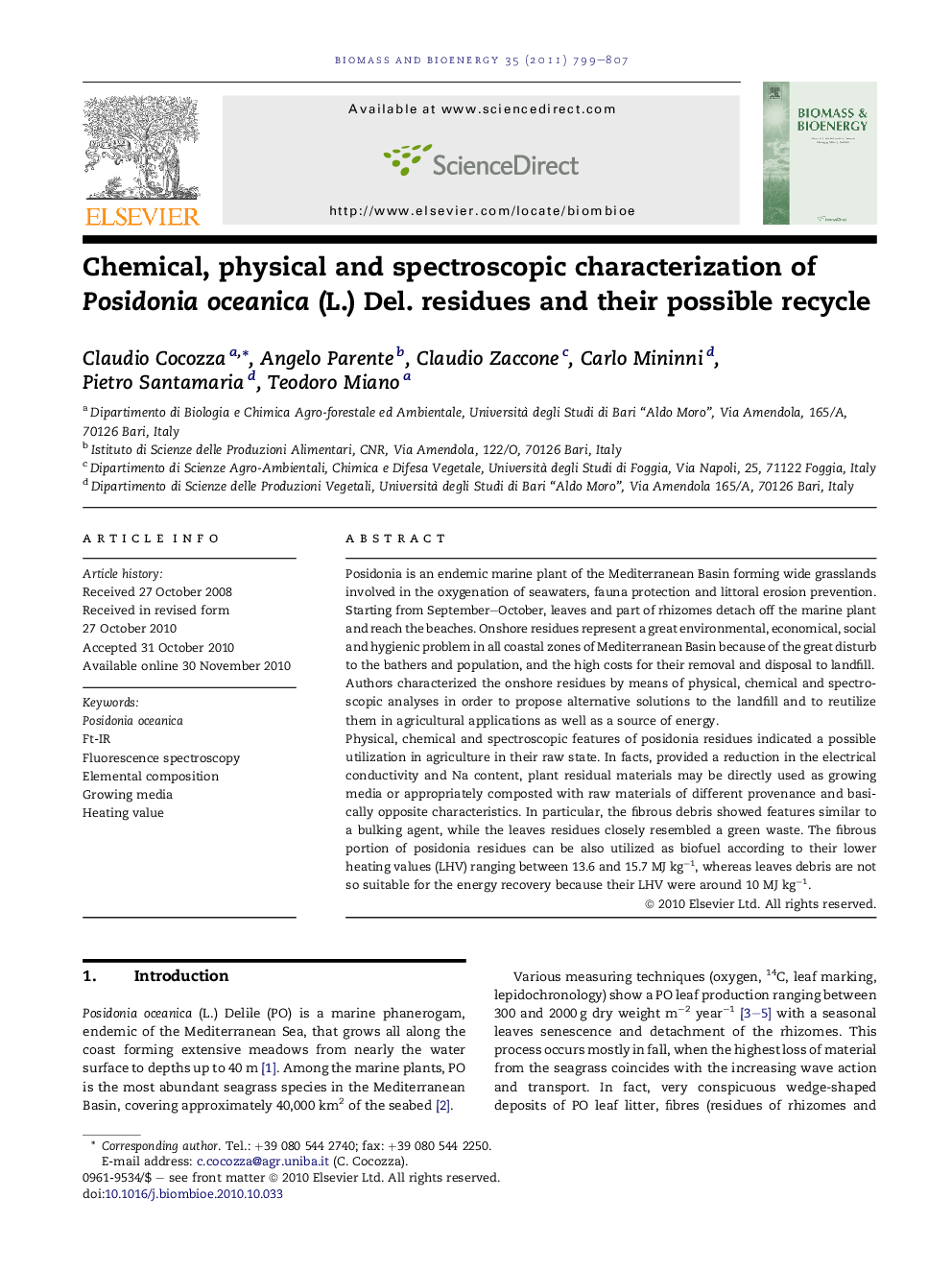 Chemical, physical and spectroscopic characterization of Posidonia oceanica (L.) Del. residues and their possible recycle