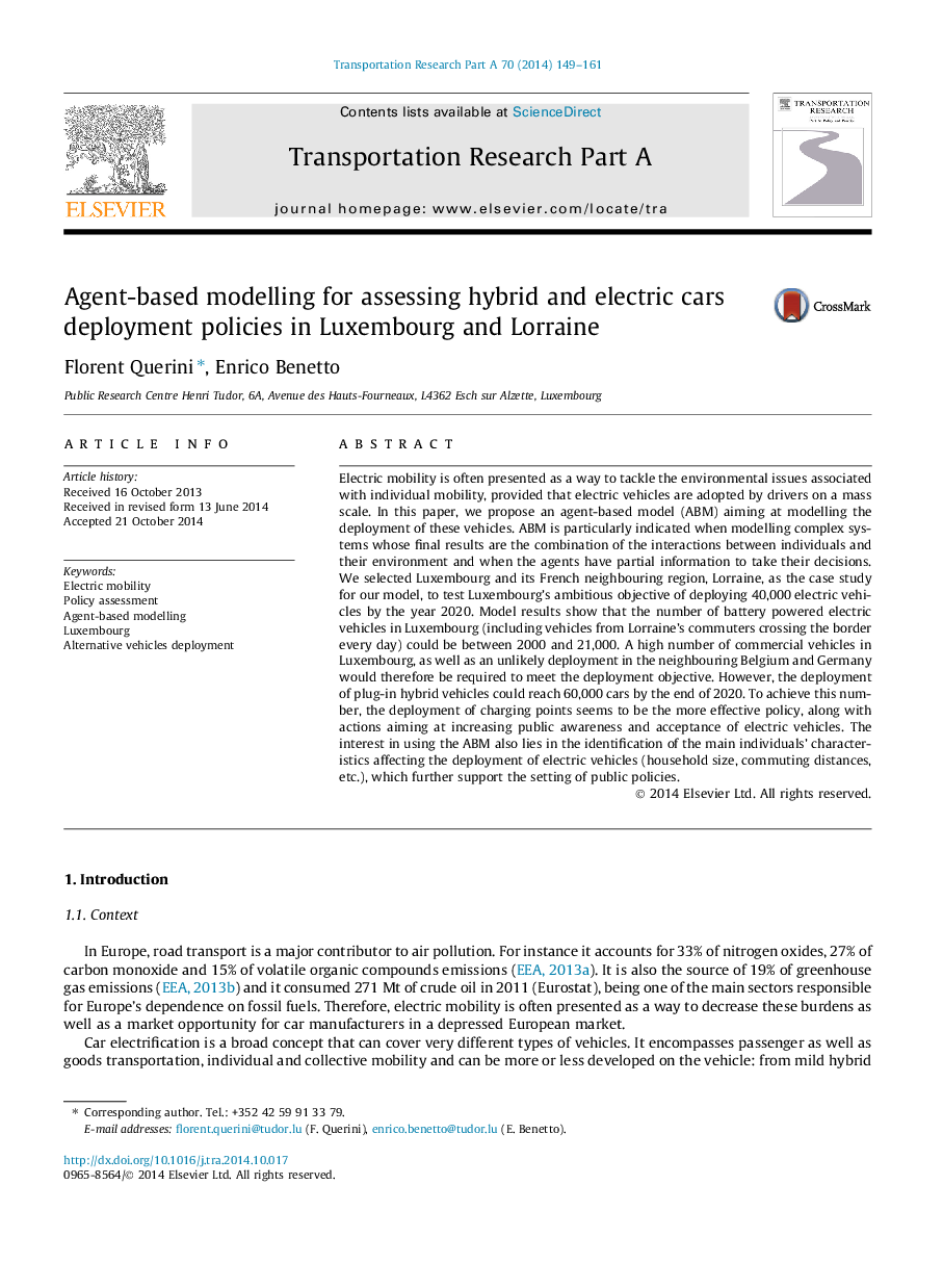 مدل سازی مبتنی بر نماینده برای ارزیابی سیاست های استفاده از اتومبیل های ترکیبی و الکتریکی در لوکزامبورگ و لورن 