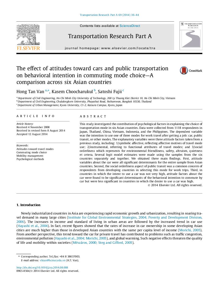 The effect of attitudes toward cars and public transportation on behavioral intention in commuting mode choice-A comparison across six Asian countries