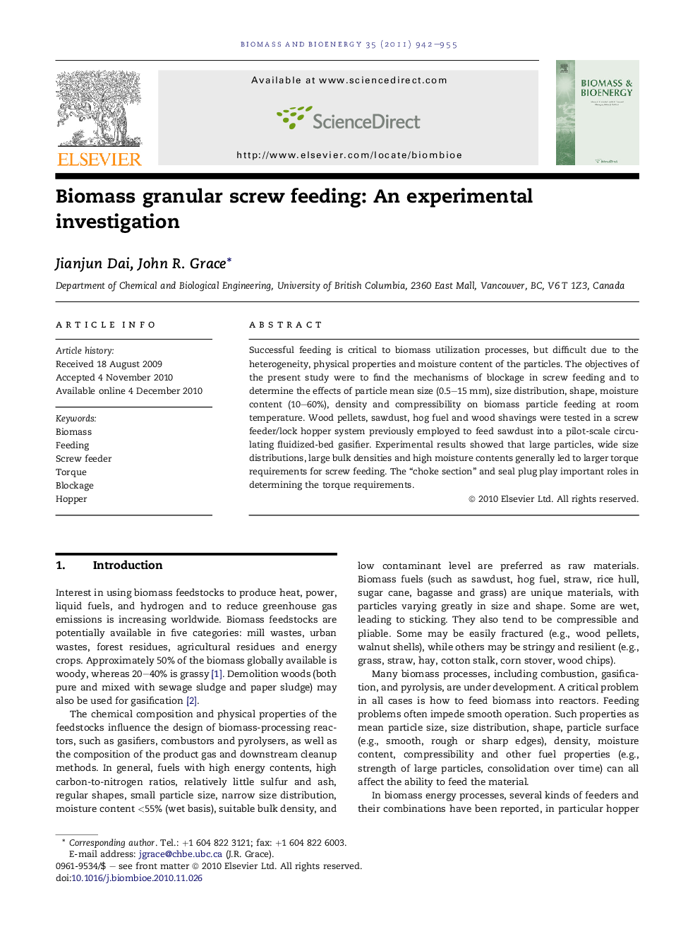 Biomass granular screw feeding: An experimental investigation