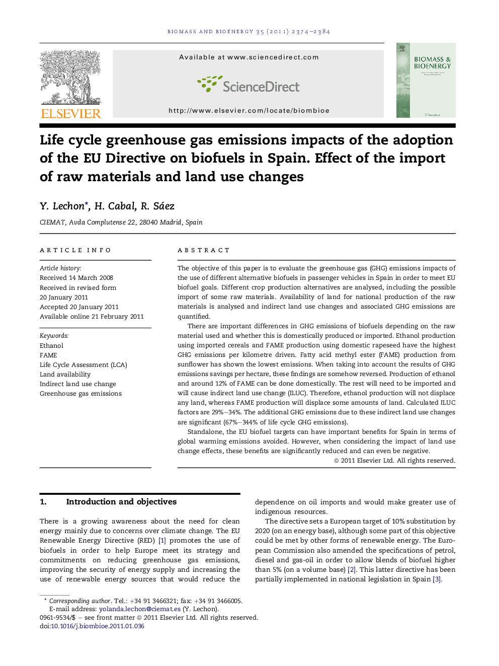 Life cycle greenhouse gas emissions impacts of the adoption of the EU Directive on biofuels in Spain. Effect of the import of raw materials and land use changes