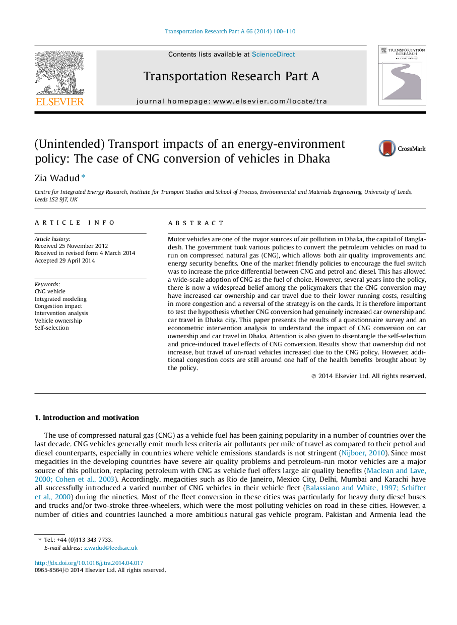 (Unintended) Transport impacts of an energy-environment policy: The case of CNG conversion of vehicles in Dhaka