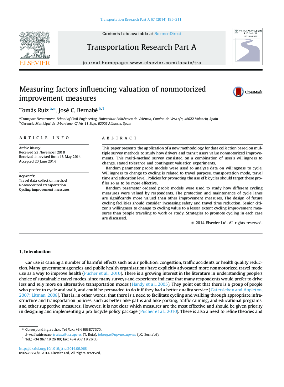 Measuring factors influencing valuation of nonmotorized improvement measures