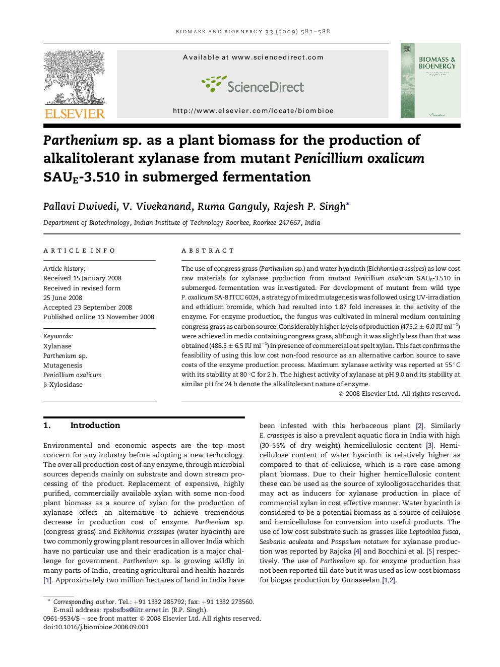 Parthenium sp. as a plant biomass for the production of alkalitolerant xylanase from mutant Penicillium oxalicum SAUE-3.510 in submerged fermentation