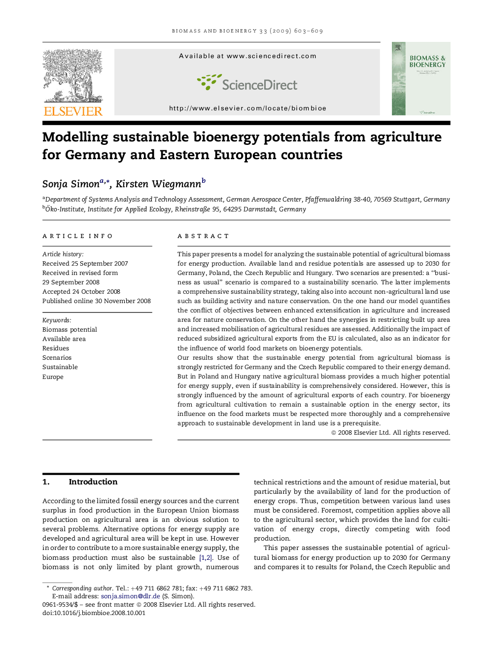 Modelling sustainable bioenergy potentials from agriculture for Germany and Eastern European countries