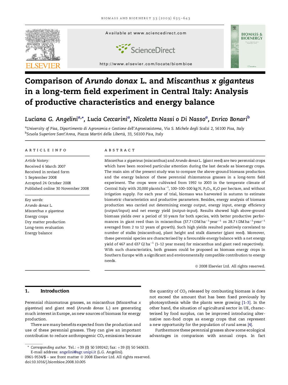 Comparison of Arundo donax L. and Miscanthus x giganteus in a long-term field experiment in Central Italy: Analysis of productive characteristics and energy balance