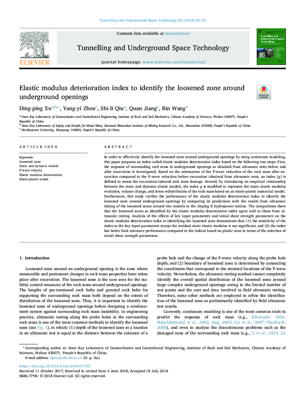 Elastic modulus deterioration index to identify the loosened zone around underground openings