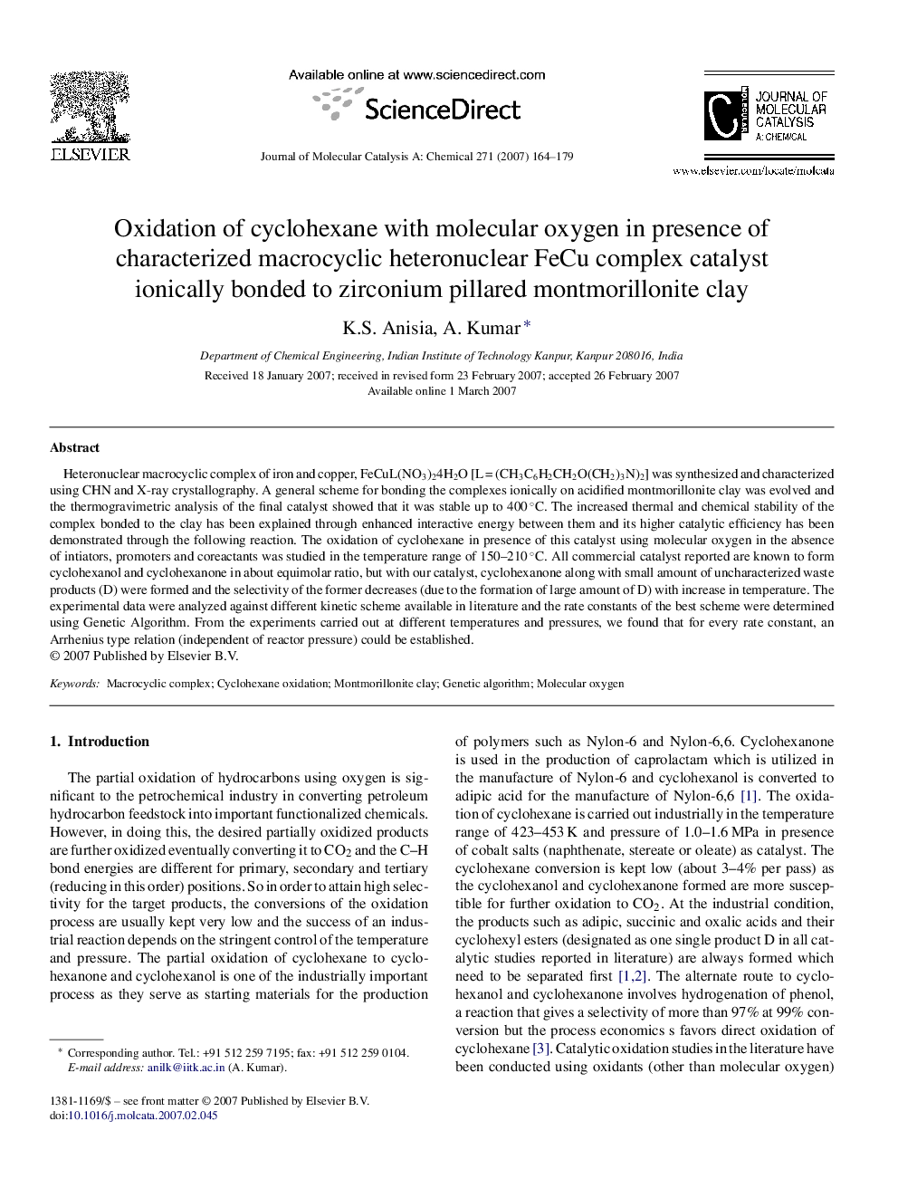 Oxidation of cyclohexane with molecular oxygen in presence of characterized macrocyclic heteronuclear FeCu complex catalyst ionically bonded to zirconium pillared montmorillonite clay