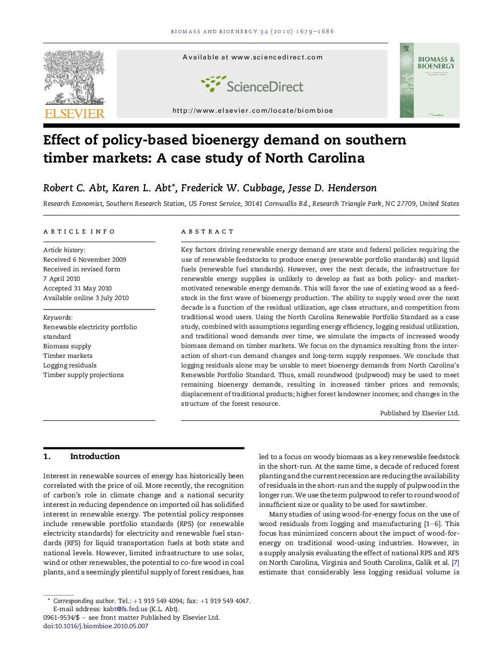 Effect of policy-based bioenergy demand on southern timber markets: A case study of North Carolina