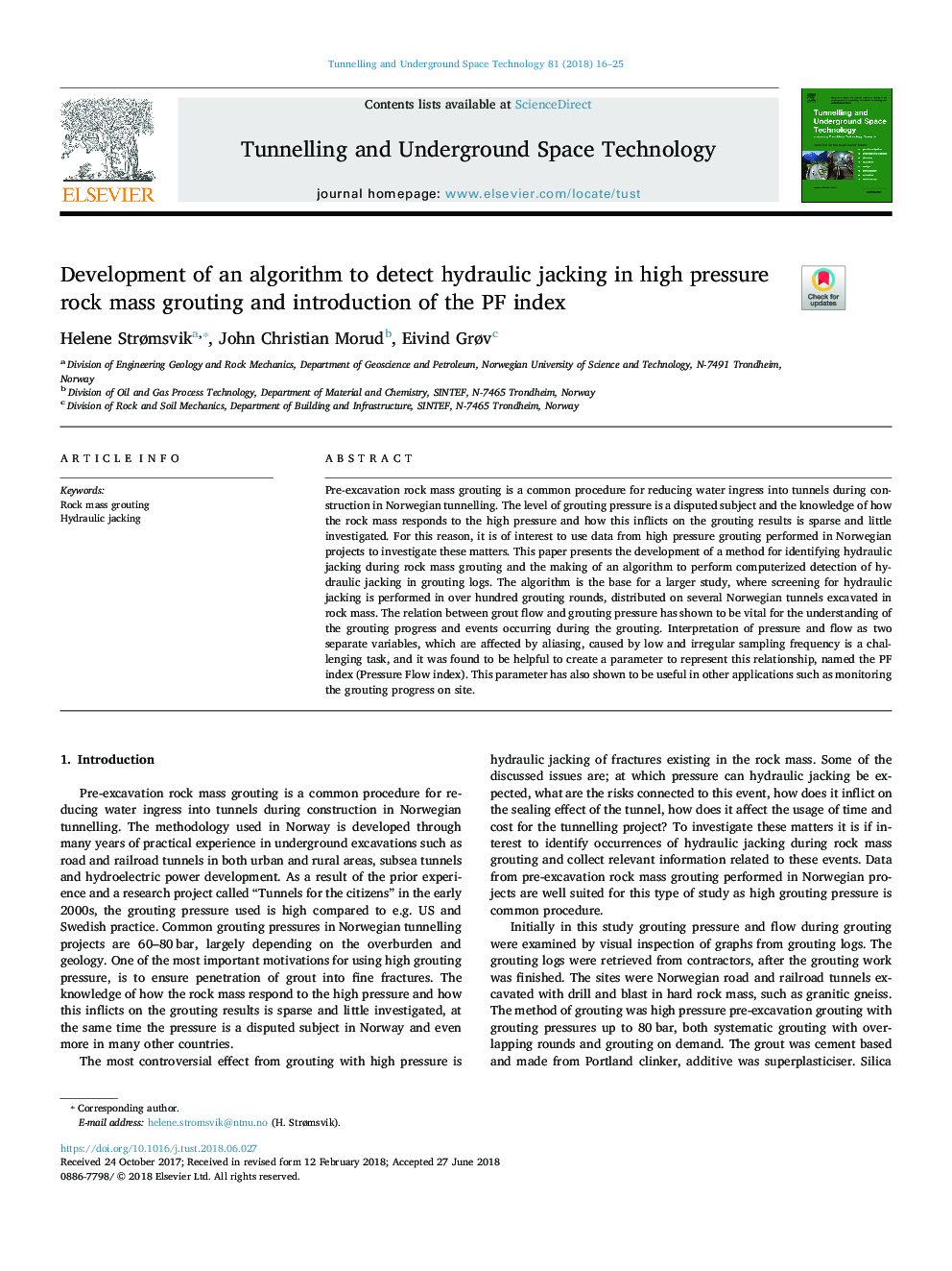 Development of an algorithm to detect hydraulic jacking in high pressure rock mass grouting and introduction of the PF index