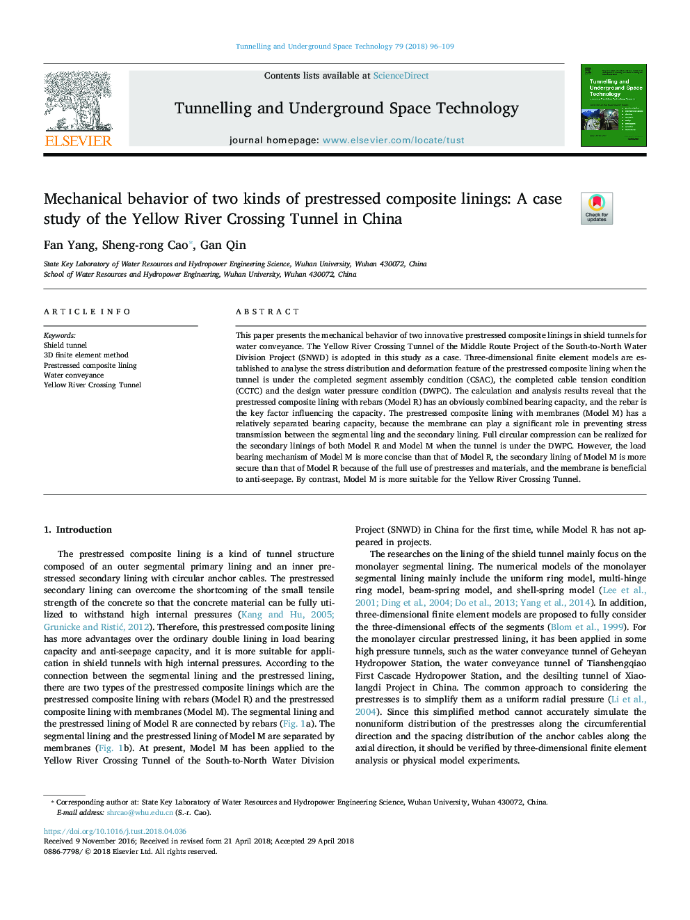 Mechanical behavior of two kinds of prestressed composite linings: A case study of the Yellow River Crossing Tunnel in China