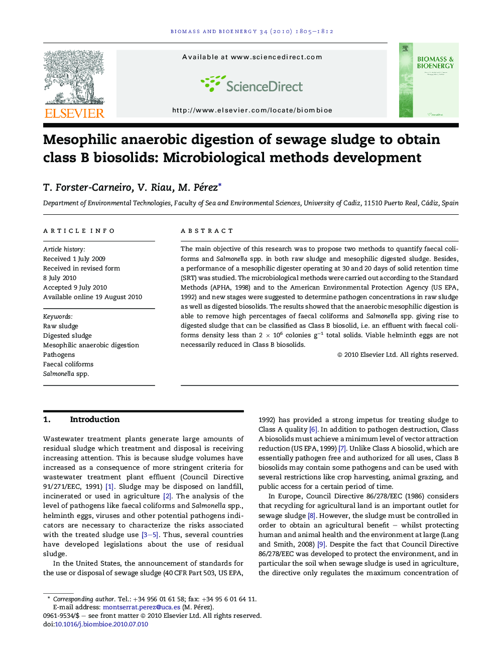Mesophilic anaerobic digestion of sewage sludge to obtain class B biosolids: Microbiological methods development
