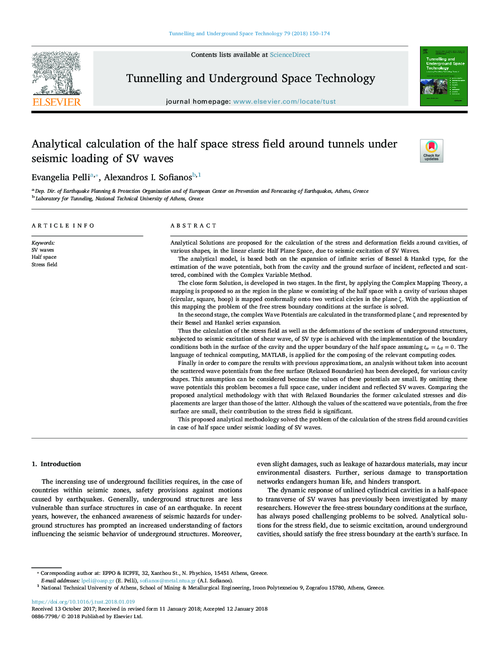 Analytical calculation of the half space stress field around tunnels under seismic loading of SV waves