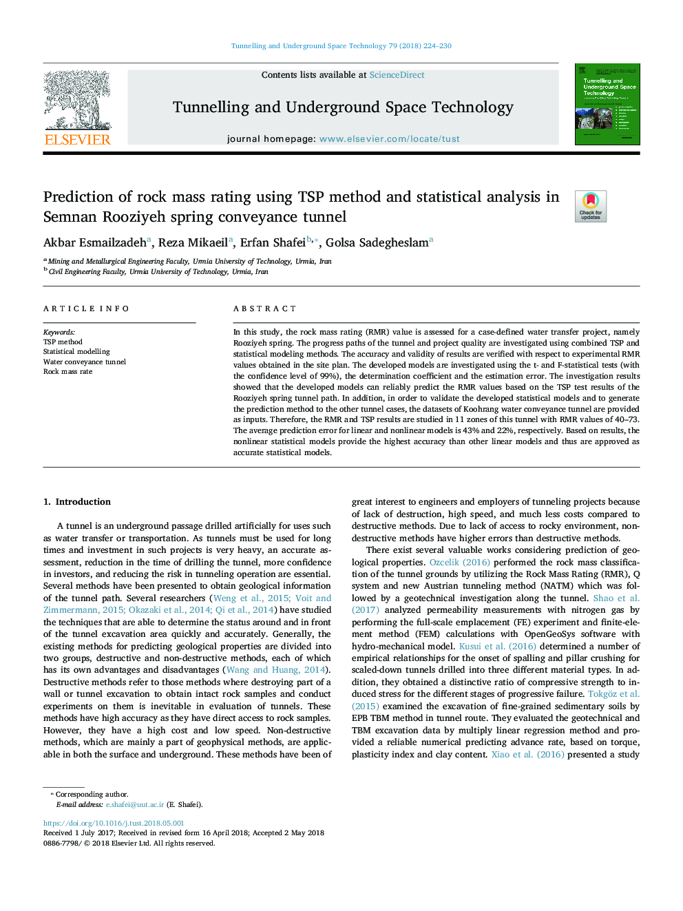 Prediction of rock mass rating using TSP method and statistical analysis in Semnan Rooziyeh spring conveyance tunnel