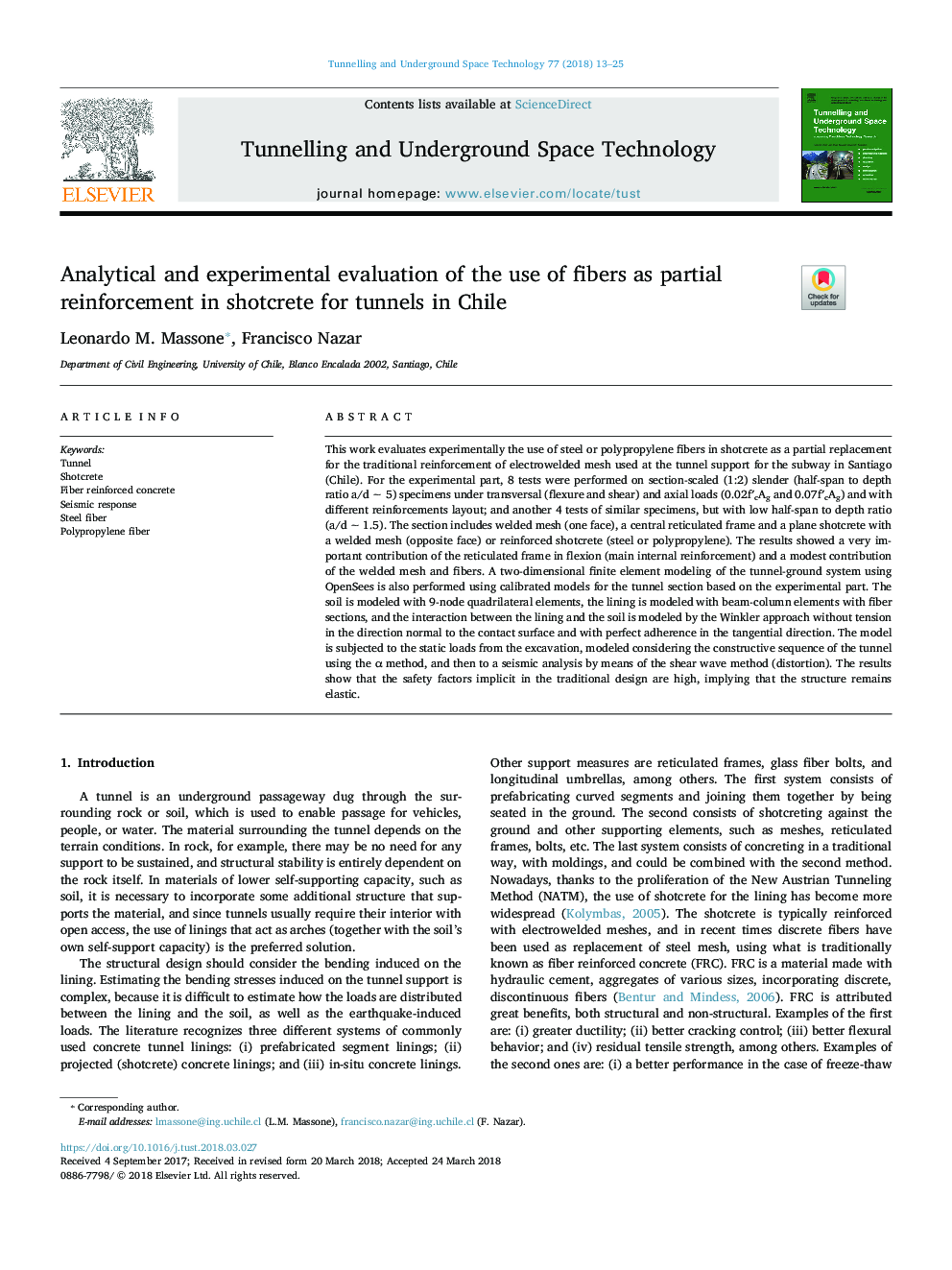 Analytical and experimental evaluation of the use of fibers as partial reinforcement in shotcrete for tunnels in Chile