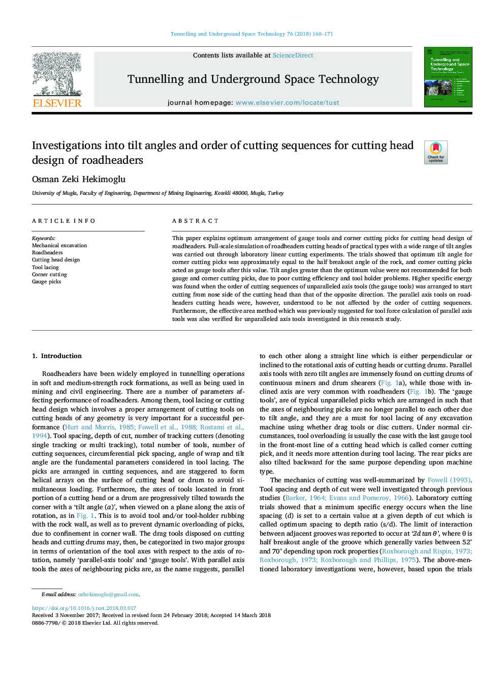 عکس صفحه اول مقاله: Investigations into tilt angles and order of cutting sequences for cutting head design of roadheaders Investigations into tilt angles and order of cutting sequences for cutting head design of roadheaders