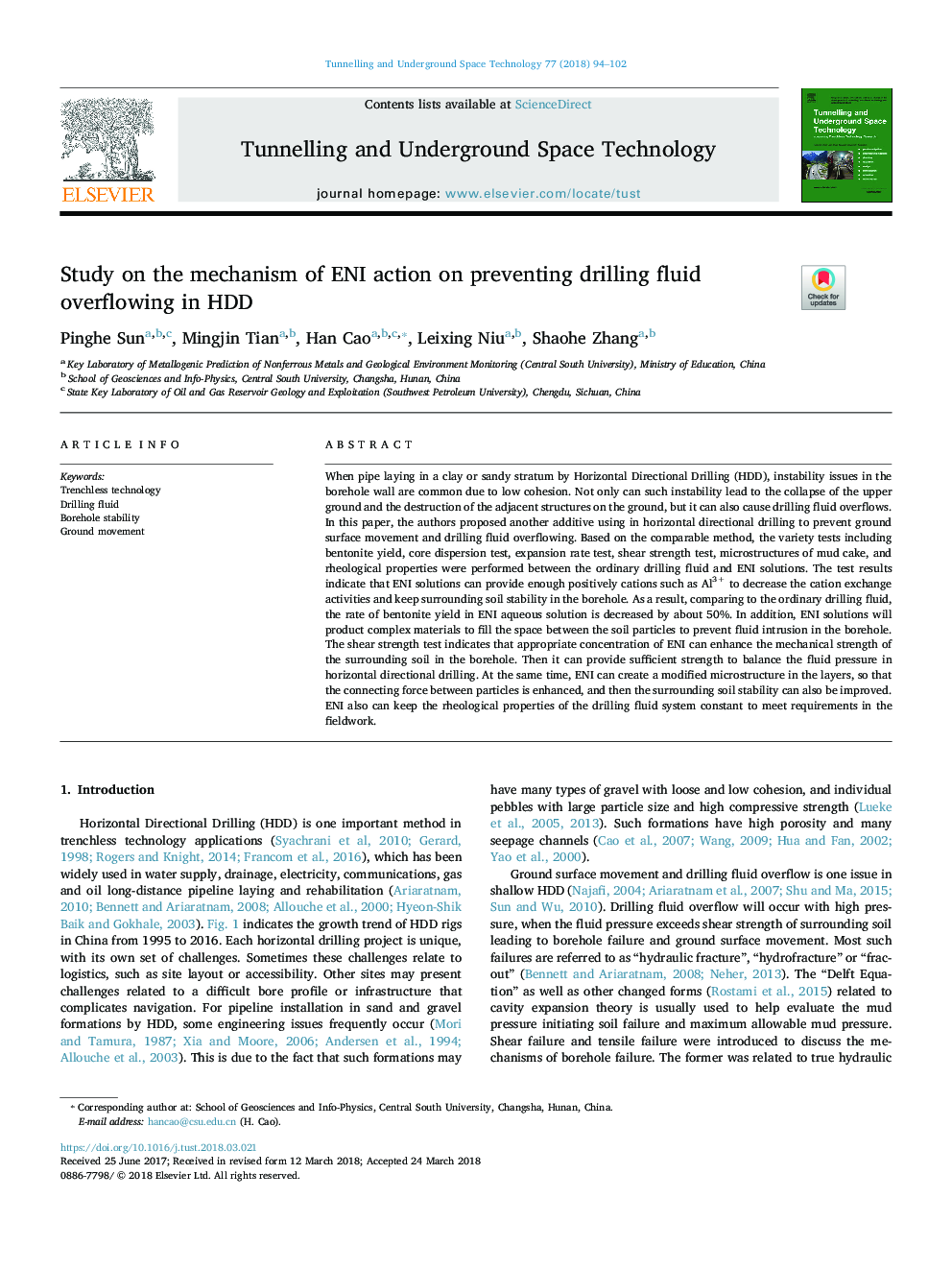 Study on the mechanism of ENI action on preventing drilling fluid overflowing in HDD