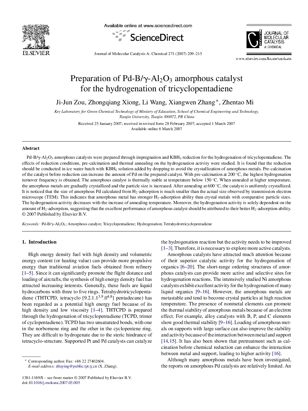 Preparation of Pd-B/γ-Al2O3 amorphous catalyst for the hydrogenation of tricyclopentadiene