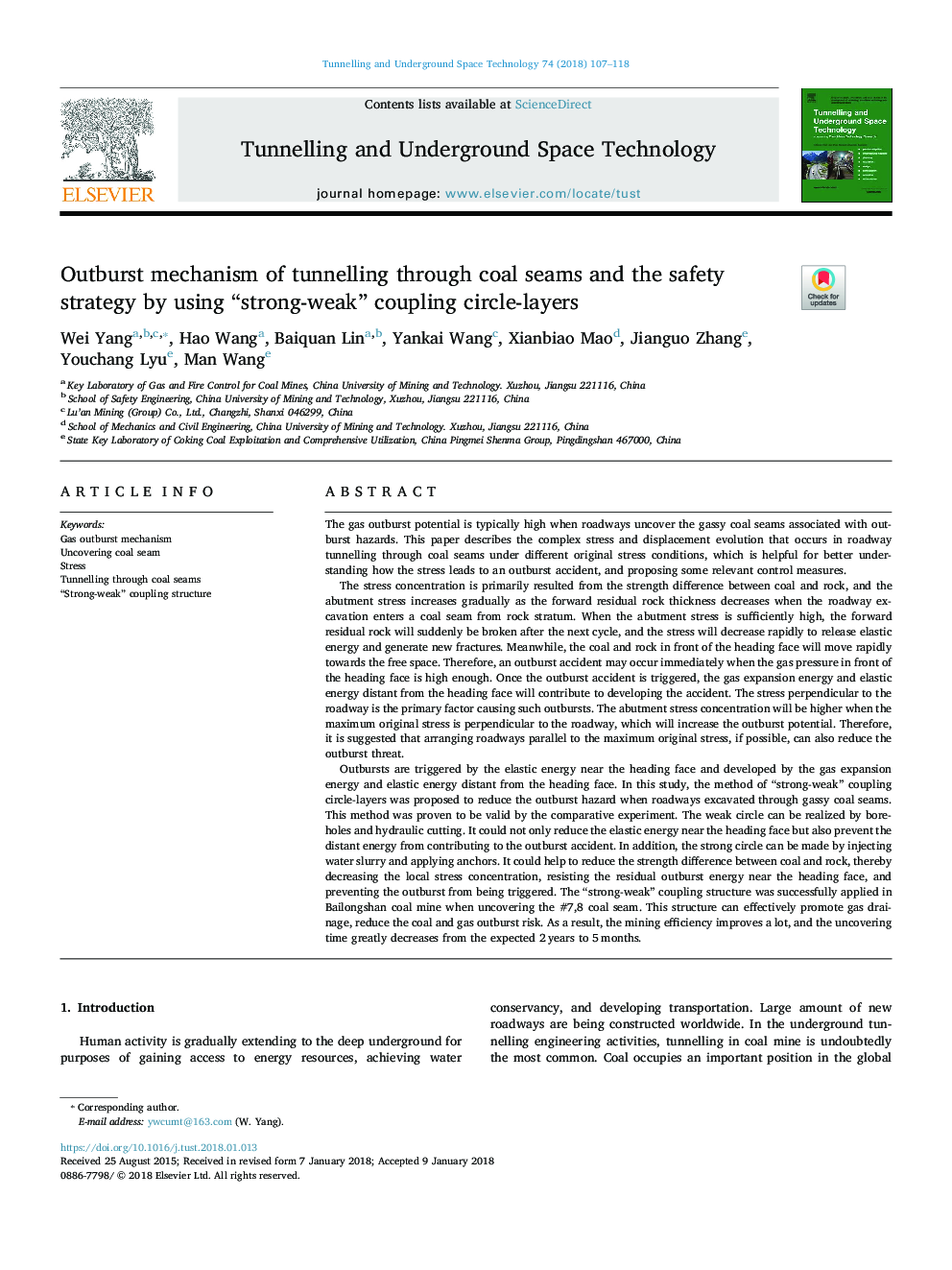 Outburst mechanism of tunnelling through coal seams and the safety strategy by using “strong-weak” coupling circle-layers