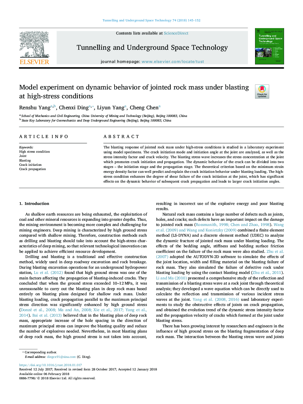 Model experiment on dynamic behavior of jointed rock mass under blasting at high-stress conditions