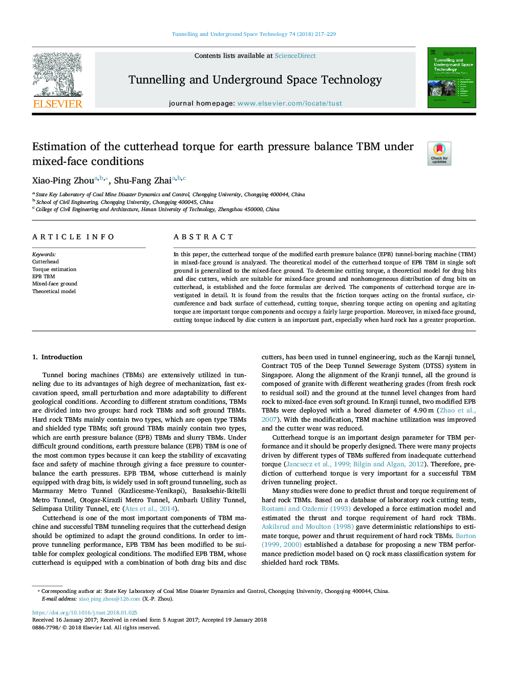 Estimation of the cutterhead torque for earth pressure balance TBM under mixed-face conditions