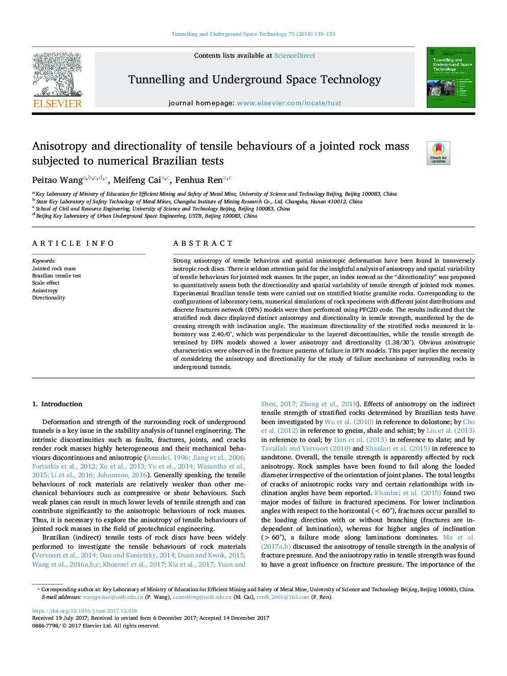 Anisotropy and directionality of tensile behaviours of a jointed rock mass subjected to numerical Brazilian tests